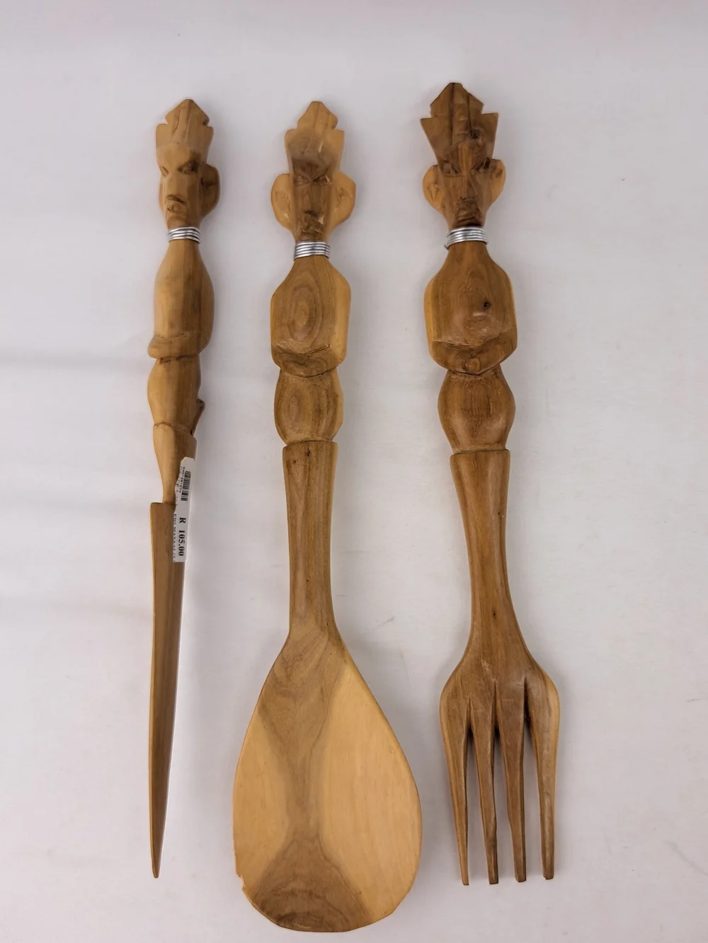 Hand-Carved Wooden Salad Servers Set - Natural Brown